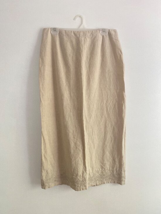 Cherokee Dresses & Skirts - Vintage Cherokee Beige Linen Blend Skirt With Embroidered Hem Size 14